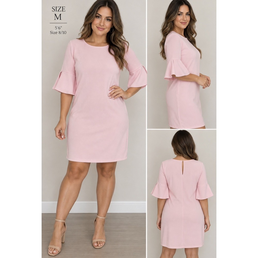 PINKBLUSH Women's Pink Ruffle Bell 3/4 Sleeve Stretch Knit Shift Dress M NWT